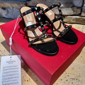 Valentino GARAVANI Rockstud Calfskin Leather Slide Sandal 60 MM BLACK Brand New